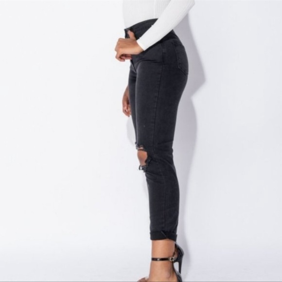 Black High Waist Ripped Distressed Cuffed Boyfriend Jeans Denim Pants - Picture 3 of 9